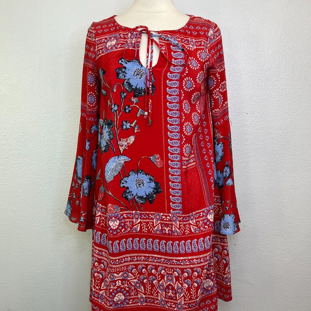 ANTHROPOLOGIE Vanessa Virginia Isabelle Red Silk Floral Bell Sleeves Size 2 - Picture 6 of 9